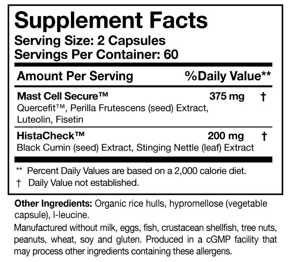 HistaQuel Allergy Support Supplement Ingredients Label